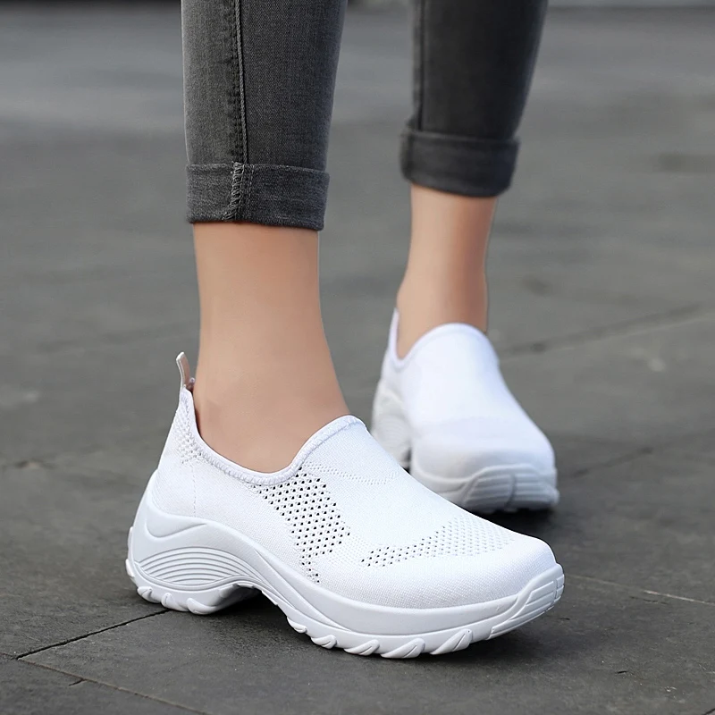 white wedge Height Increasing Shoes Womens Platform Sneakers Walking Slip On Light Weight Mesh Tennis Shoes