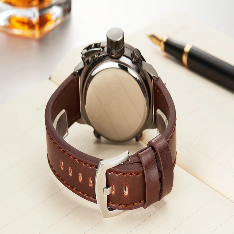 BIDEN Digital Watch Fashion Men Electronic Leather Watches LED Display Quartz Dual Movement Wristwatches