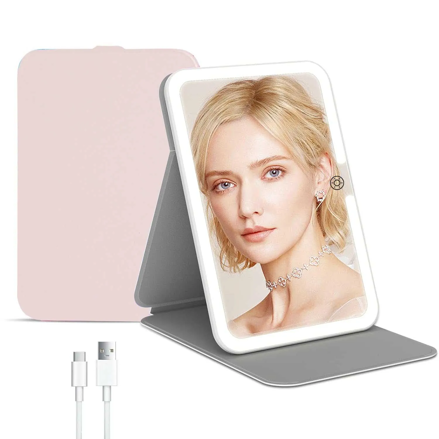 LED iPad Table Make up Mirror Tabletop Folding Cosmetic Mirror With PU Cover and Adjustable 3 Modes Light