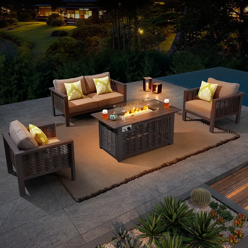 Ready to ship outdoor rope furniture patio garden rattan wicker sale set with fire pit