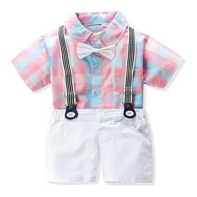 Bow plaid light blue pink shirt+belt pants preppy style gentleman summer boy party dress