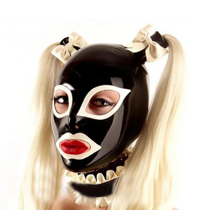 Sexy Latex Handmade Women Hoods Two Red Tress Wig Hair Fetish Mask Heroine Headgear