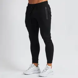 Custom Men Black Cotton Narrow Foot Fitness Jogging pants Drawstring Long Gym Jogger Pants With Side Zipper Pocket