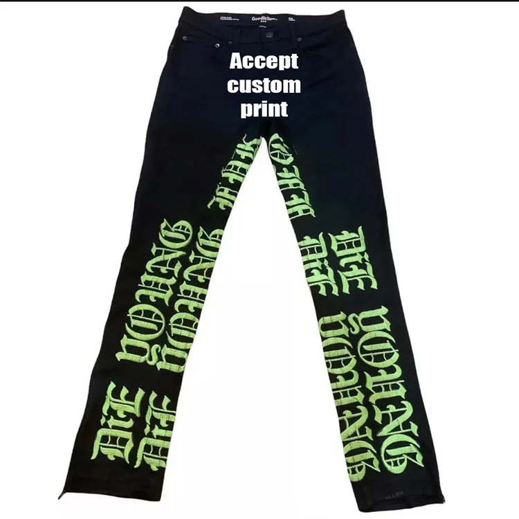 Custom Street Hip Hop full length Washed Waxed puff print stacked mens ripped denim jeans