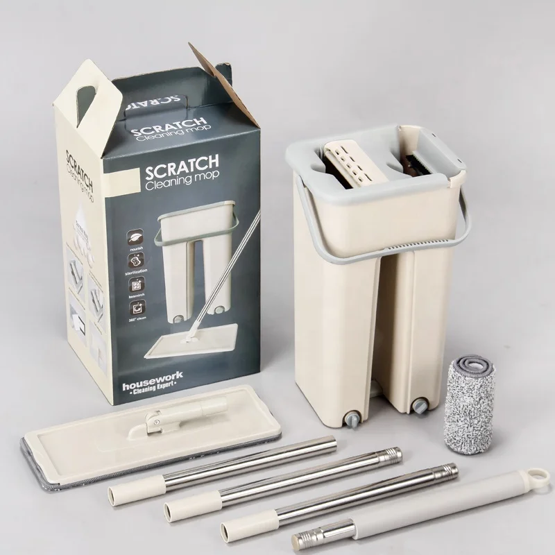 OEM Factory Supplying Mop with Bucket for Hand-free Flat Mop Magic Mop Bucket Floor Cleaning with 2 Microfibre Cloths