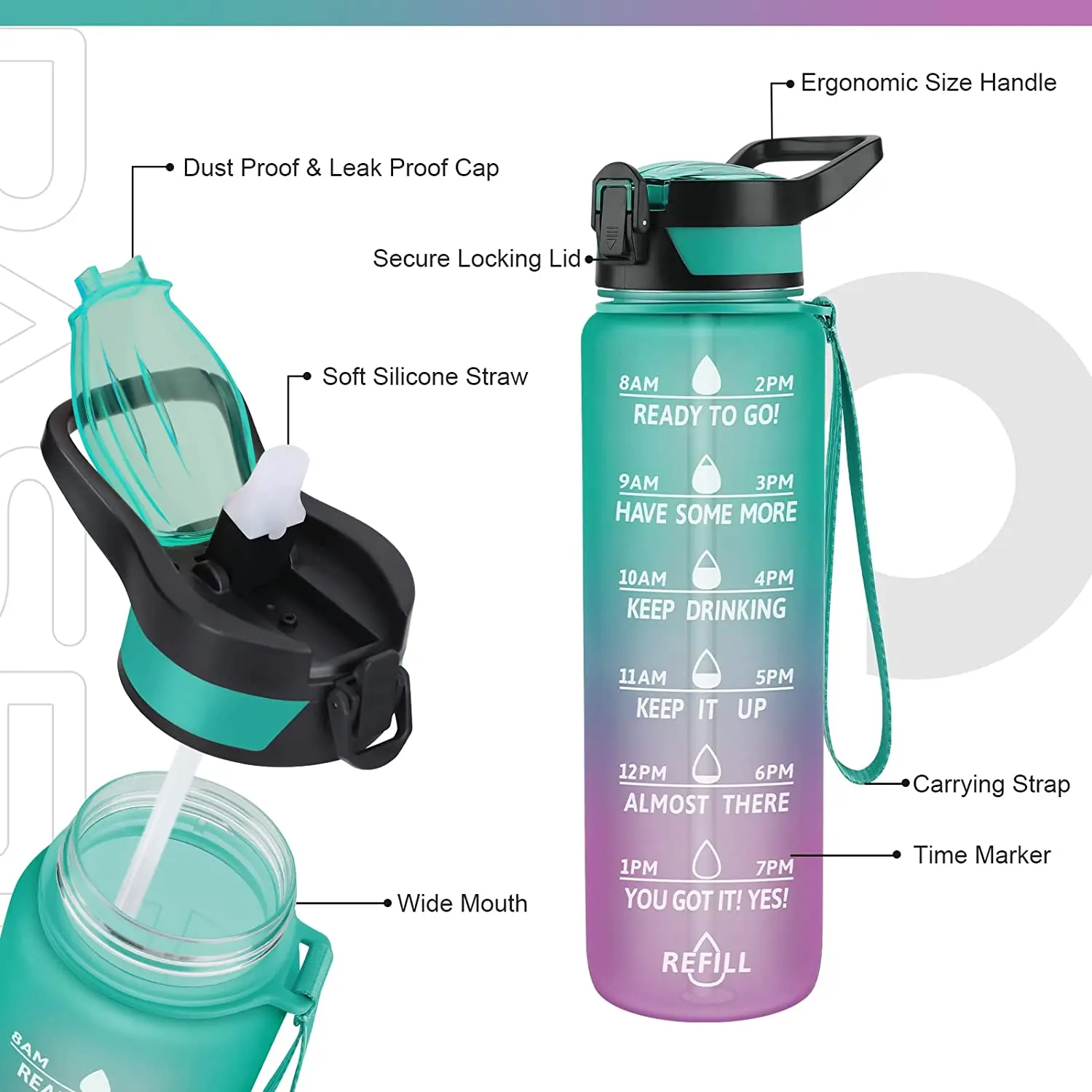 2023 Gradient Plastic Cup 1000ml Tritan Space Cup Bounce Lid Frosted Straw Cup With Time Scale