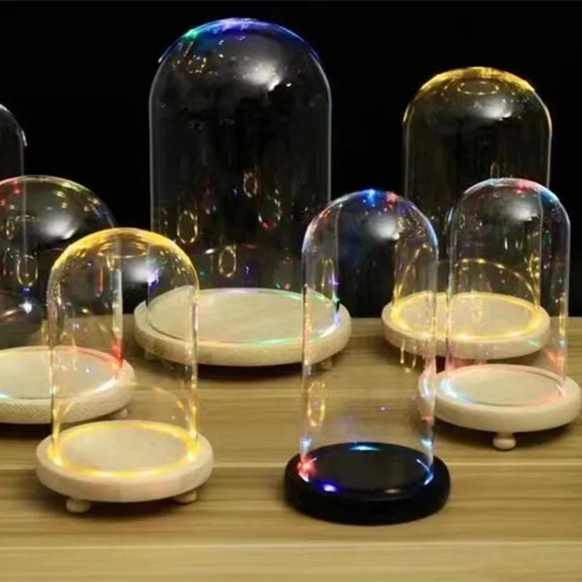 Wedding decor valentine gifts Custom Large Small Bell Glass Cloche with lights glass bell dome jar with LED light wooden base