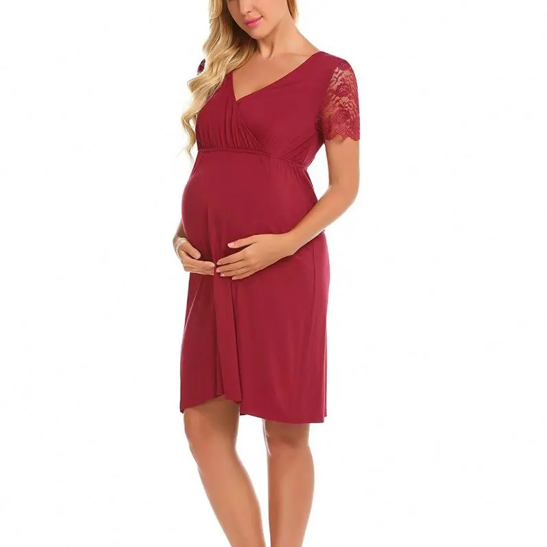 Pregnant Women Multi-function Pure Color Short Sleeve Lace Nursing Maternity Dress Mother Of The Bride Clothing