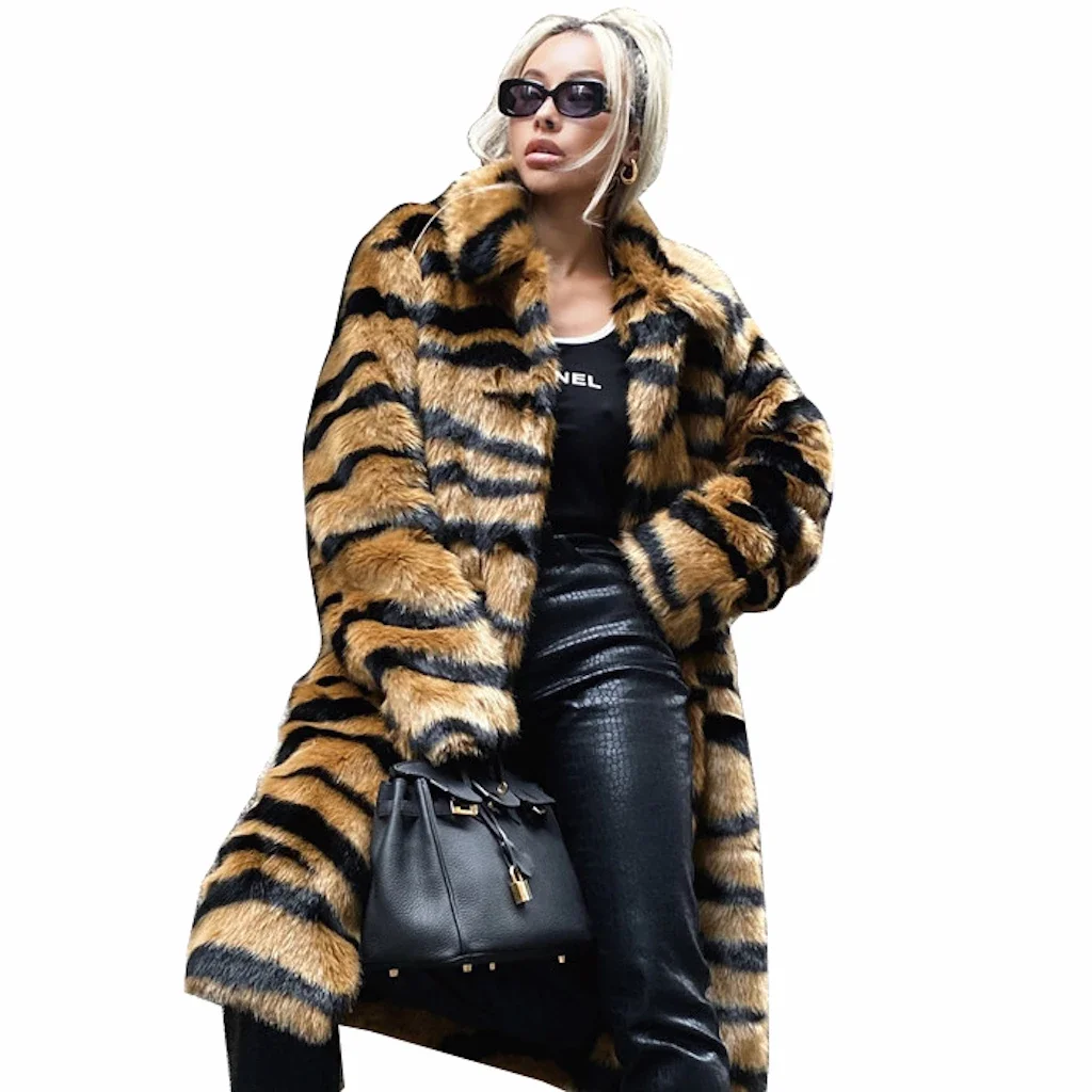 New Design Women Leopard Pattern Grey Stripe Faux Fur Coat