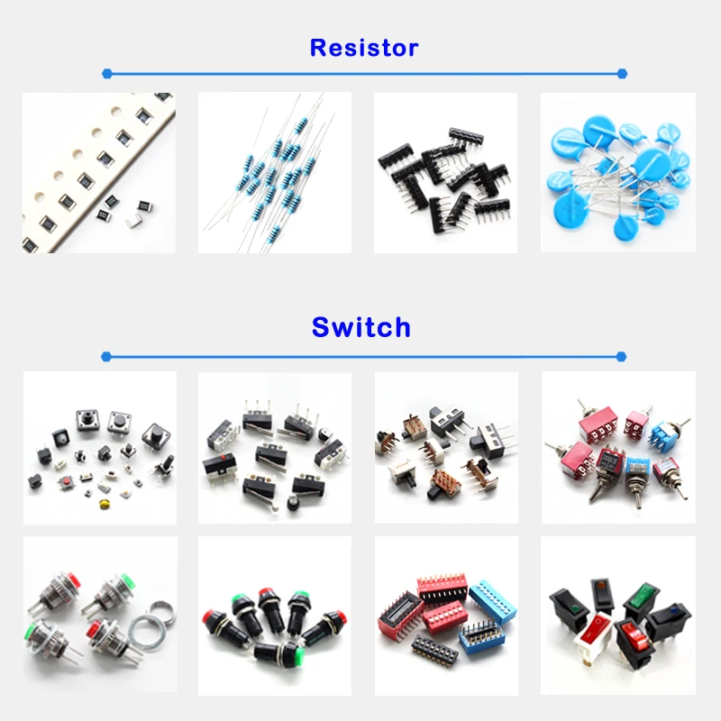 Supply Chip, Integrated circuit, Diode/Transistor, Capacitor, Resistance, Inductor, Crystal oscillator, Connector, Switch, LED