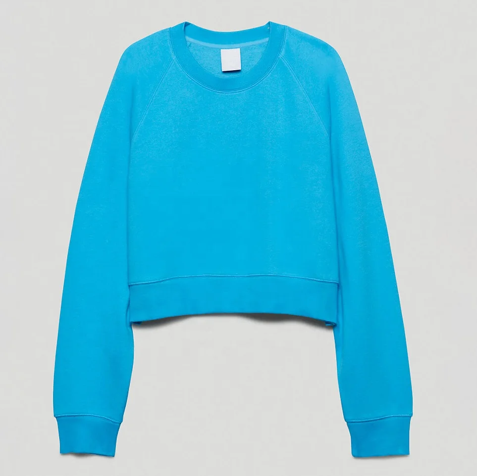2021 popular Ribbed neckline cuffs hem yellow plain crewneck crop tops