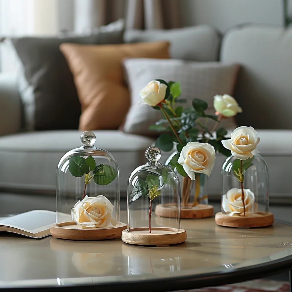 Hot Sell Flower Eternal Rose on the Luminous Display Borosilicate Glass Dome Cloche Candle Bell Jar with Wooden Base