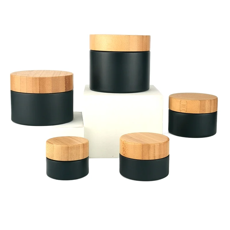 5g 10g 20g 30g 1oz 50g 1.7oz  100g 200g matt black custom color thick glass cream jar pot with bamboo wooden lid