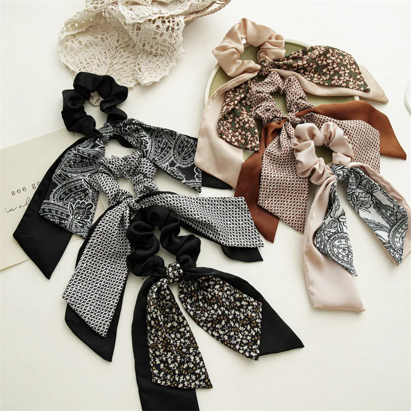 Fashion Elastic Floral Hair Bands Girls Bow Scrunchies Korean Flower ponytail Double-deck Scarf Hair Ties Hair Accessories