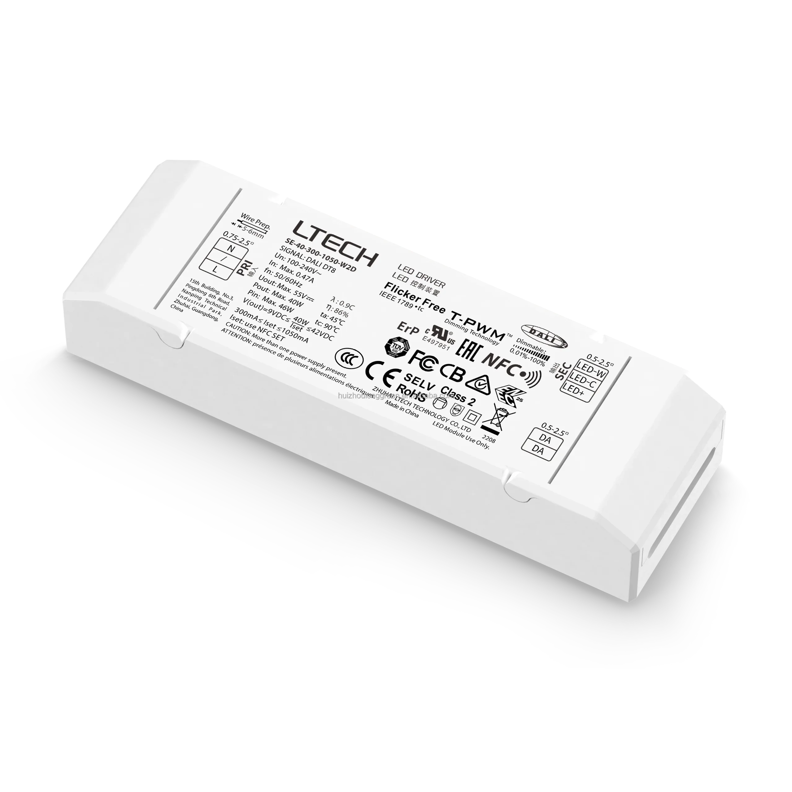 Ltech SE-40-300-1050-W2D 40W 300-1050mA NFC CC DALI DT6/DT8 tunnable white DALI Dimmable LED Driver