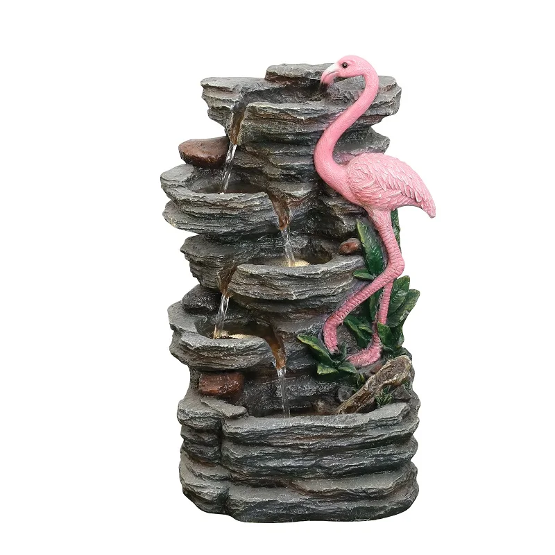 Modern Pink Flamingos on Rock Outdoor Floor Cascading Water Fountain