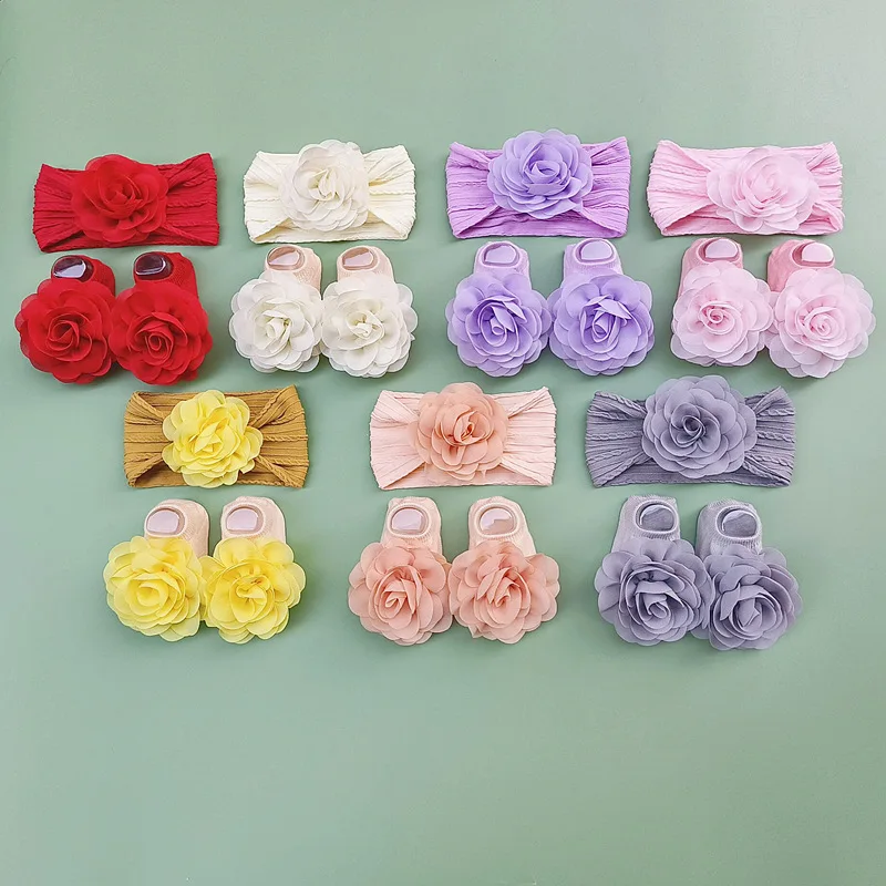 Sweet Baby Gift Solid Color Elastic Nylon Newborn Kids Baby Girl Infant Pink Big Bow Cotton Socks And Chiffon Headband Set