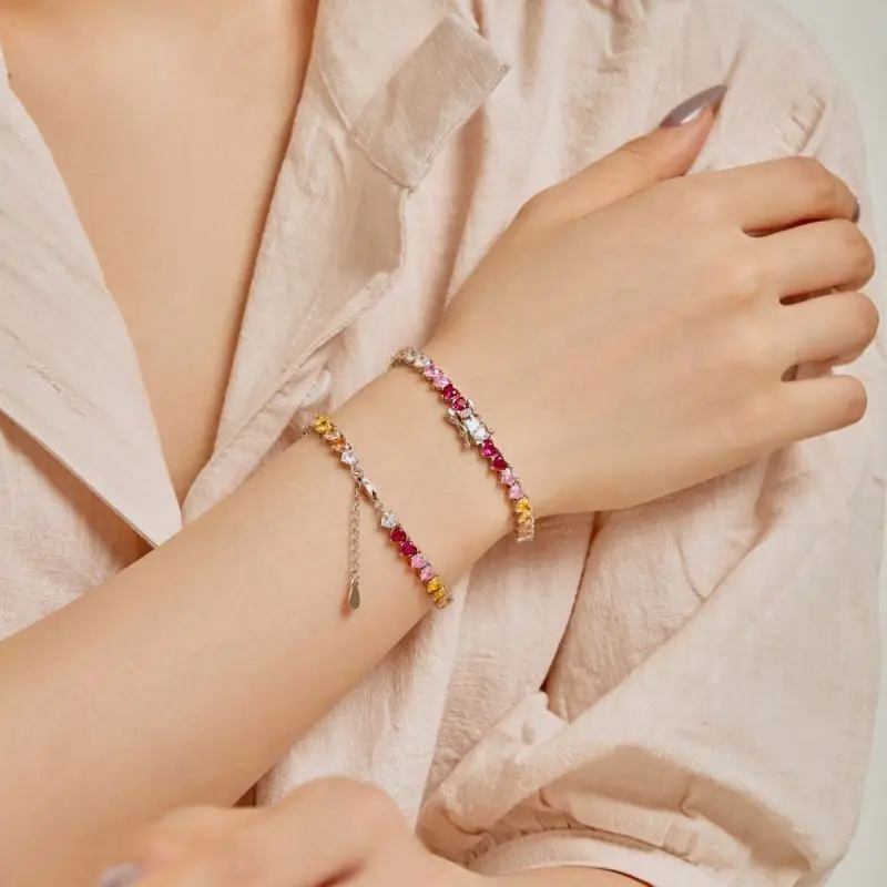 Dylam Ins Hot Sale Color Joyful Rainbow Cubic Zirconia 925 Sterling Silver Bracelet For Women Cubic Zirconia Tennis Bracelets