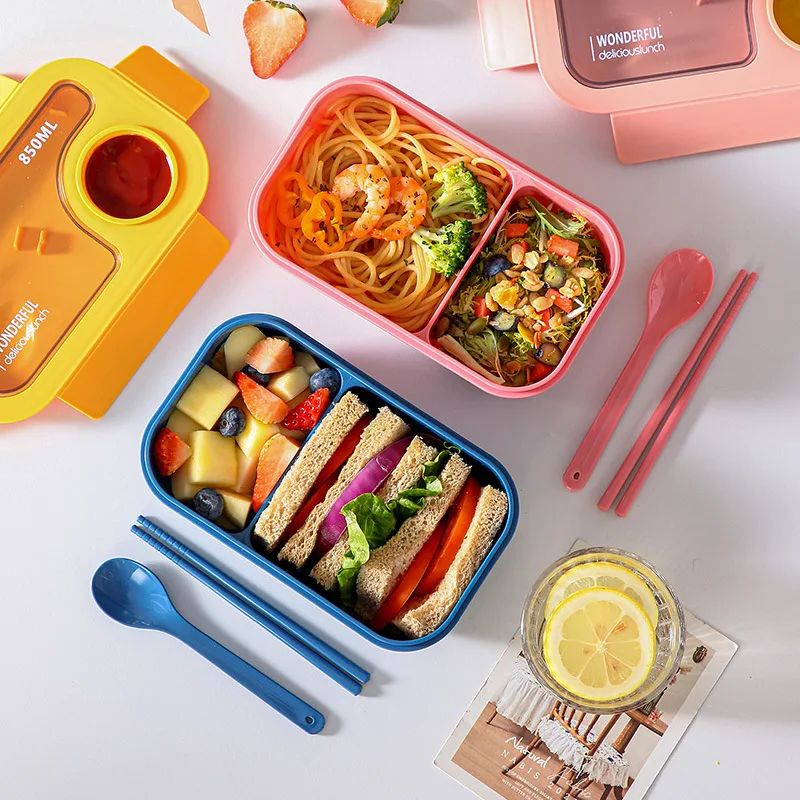2024 New 2 Compartment Divided Portable School Office Plastic pp Bento Lunch Box for Children.with Lids for Sauce