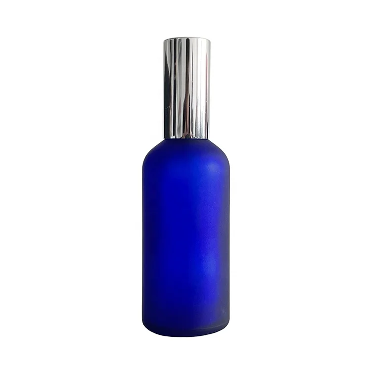 
Frosted blue color cosmetic container 50 ml 100ml perfume glass mist spray bottle with shinny silver top 