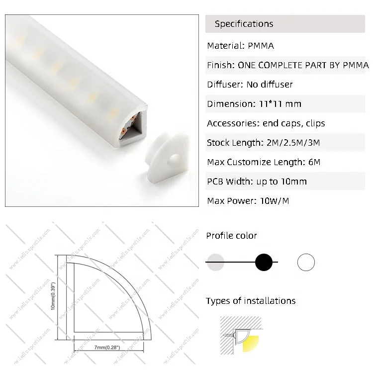 ALP026 Corner Mounted 11x11mm Plastic LED Strip Profile for kitchen cabinet