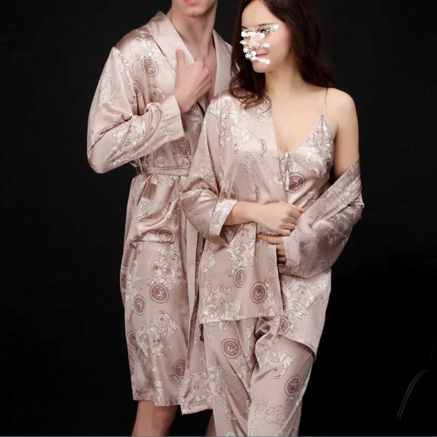 Lovers Satin Elegant Silk Robe Men Women Kimono Summer BathRobe Female Sleepwear Mens Dressing Gown Women Dragon Pajama Sets