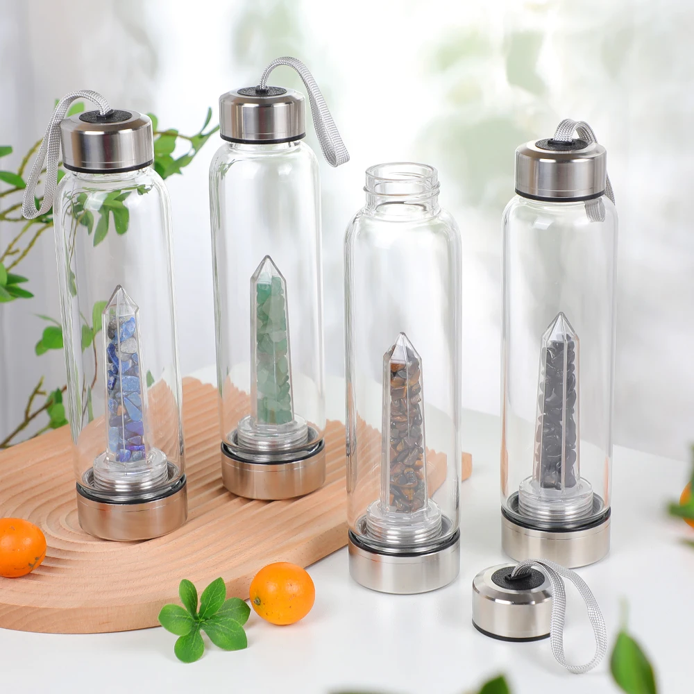 Wholesale Gemstone Custom Durable Glass Stainless Steel Bamboo Crystal Energy Water Bottle With Quartz