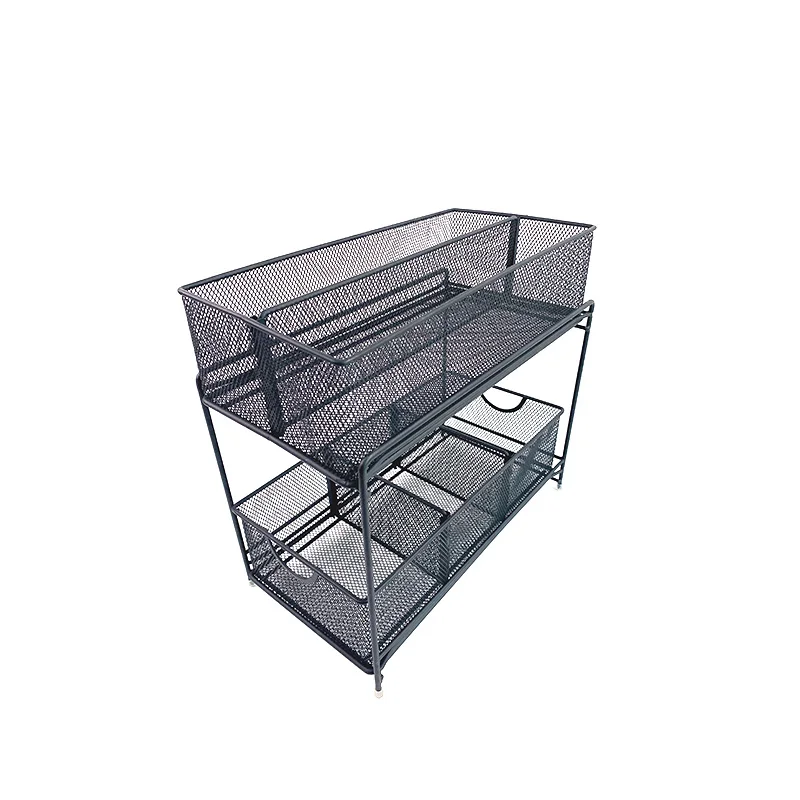 2 Tier Mesh Sliding Cabinet Organizer Stackable 2-Tier Under-Sink Cabinet Organizer with Sliding Storage Drawer