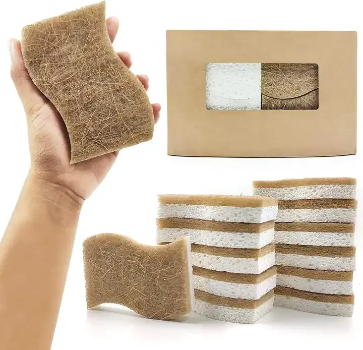 Custom Logo Natural  Cellulose Kitchen Dish cleaning biodegradable wood pulp coconut sisal sponge and Coconut Scrubber Sponge