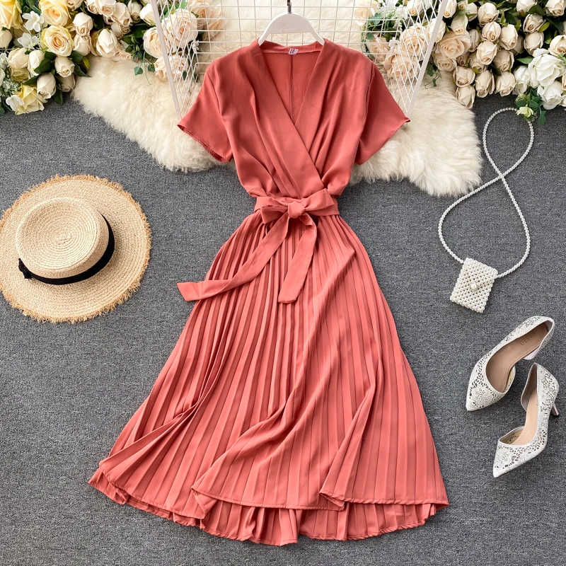 New arrival french style short sleeve v neck casual street wear fashion pleated abaya dress