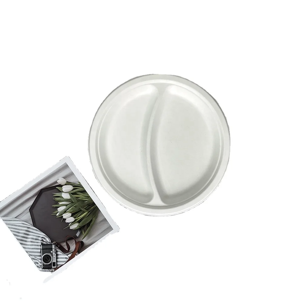 Customize Printing logo Wholesales 9' 2Compartment /3-section Disposable Bagasse Tray Round Plate Bagasse Plate Tray For Meal