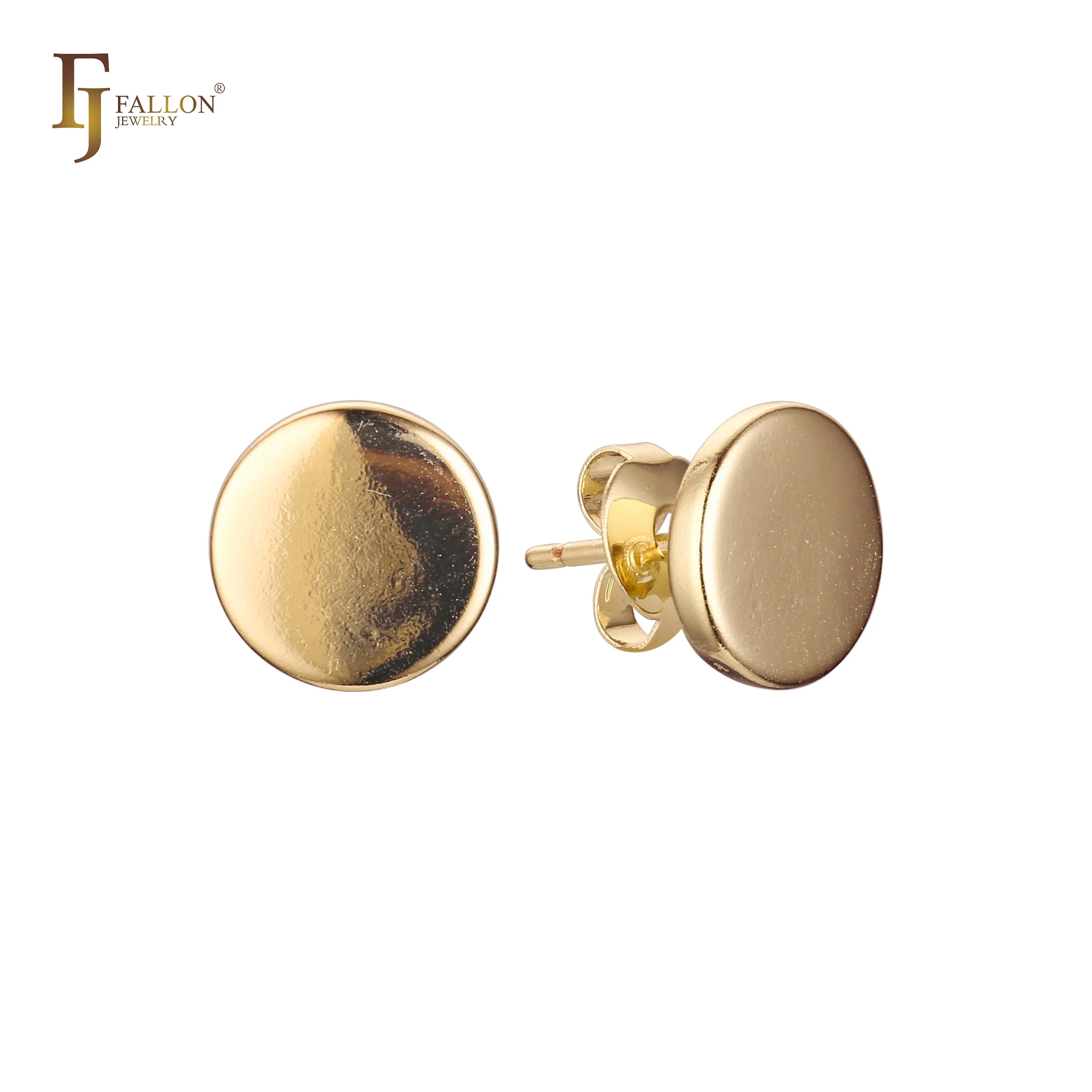 52100364 FJ Fallon Fashion Jewelry Button Disc With Flat Circle Flank Stud Earrings Plated In 14K Gold Brass Based