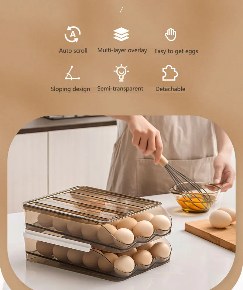 RSC-кухонный ящик для хранения яиц, ящик для холодильника с автоматической прокруткой, пластиковый контейнер для хранения свежести яиц, держатель с крышкой