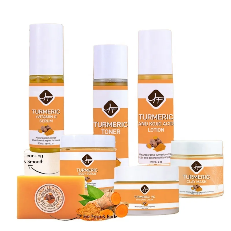 Tumeric skin care set Private label 7n1 Turmeric WITH Vitamin C Whitening Dark Spot Acne Treatment Skin Care Turmeric Set