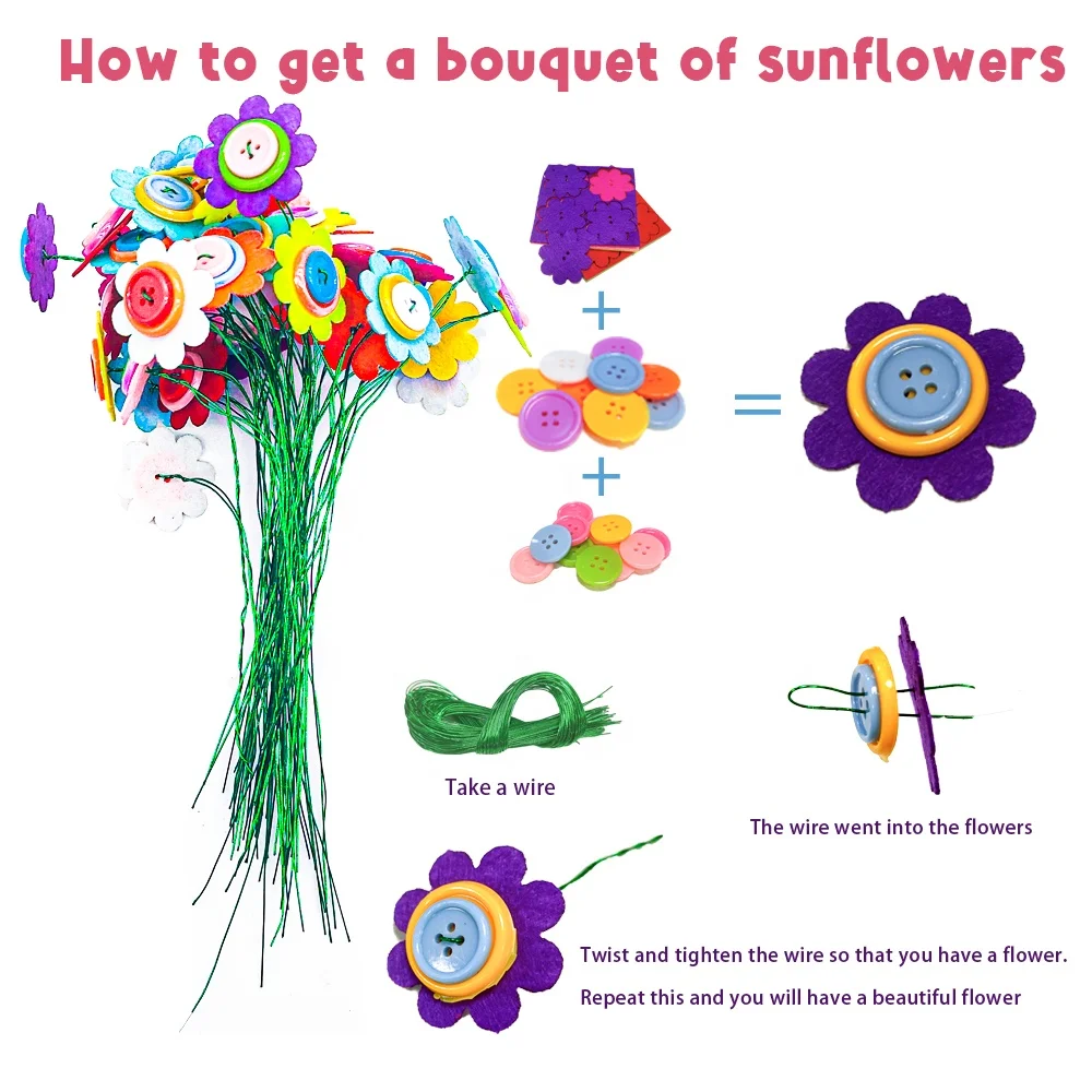 DIY Bouquets Craft Kits for Kids Art and Craft Make Your Own Button Felt Flowers Fun Vase Craft Project Toys