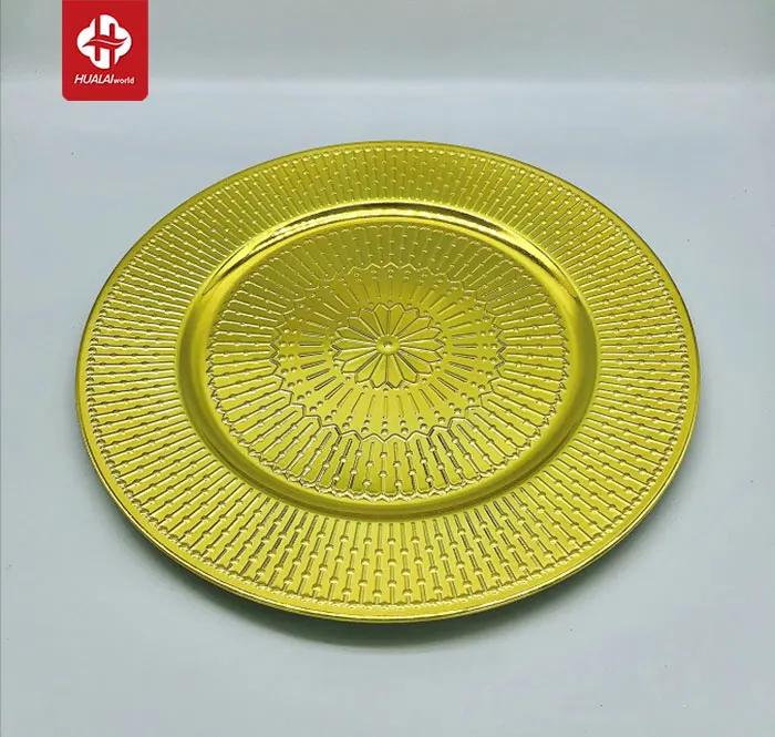 Недорогая Золотая роскошная круглая пластиковая тарелка для зарядного устройства Дубая в наличии для свадебной вечеринки банкета
