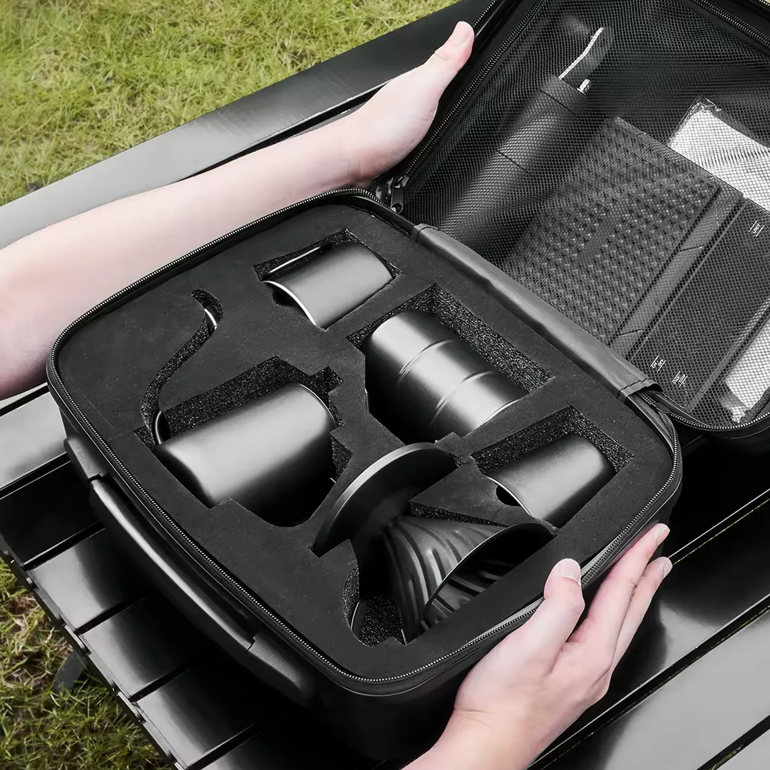 Saudi Arabia Ethiopian Portable Travel Box Camping Coffee Kettle Dripper Grinder 9 in 1 Coffee Kit Bag Pour Over V 60 Coffee Set