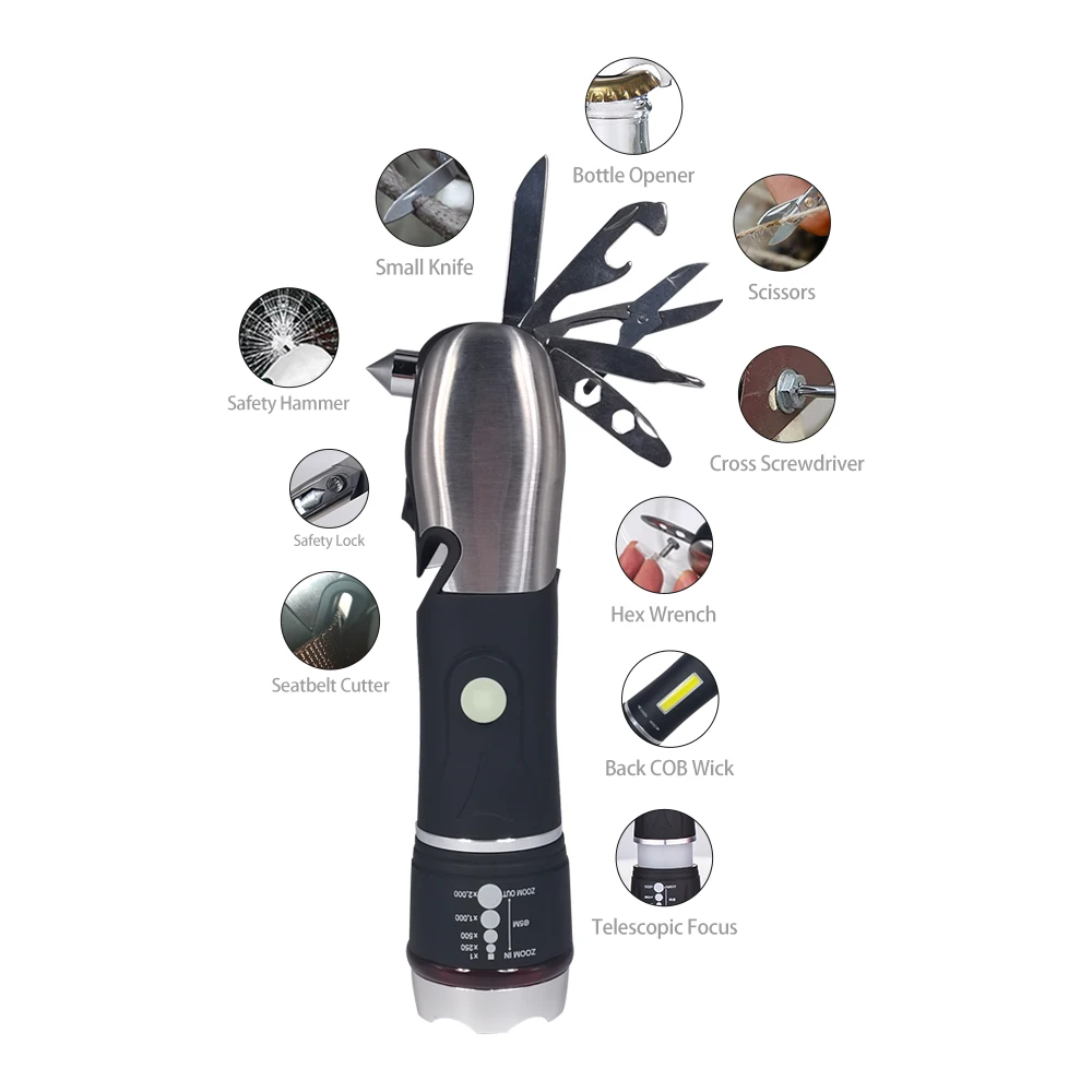 10-in-1 Function Tactical Camping LED Flashlight with COB Side Light and Mini Lantern