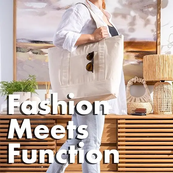 Cheap Shopping Reusable Top Zipper Heavy Duty Large Capacity 16oz Cotton Canvas Tote Bag With Pockets