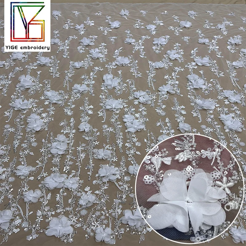 luxury french lace fabric with embroidery and sequin white mesh tulle beaded 3d floral lace fabric embroidery for dresses