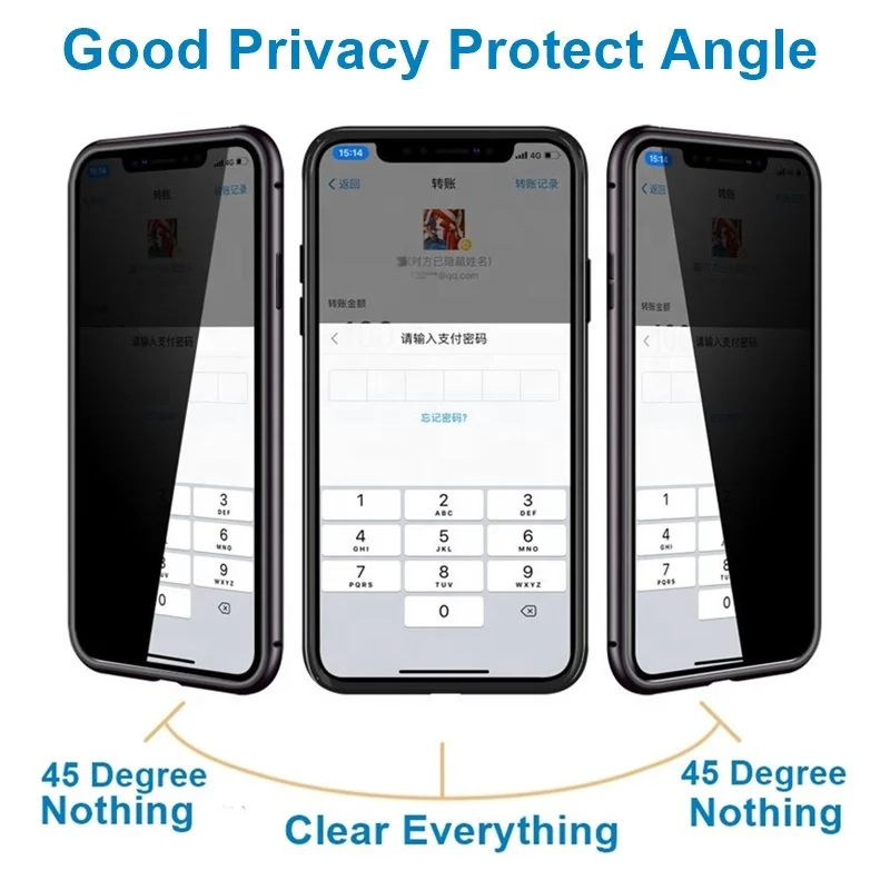 High quality anti spy peep magnet back cover case for iPhone 11 12 XSmax double-face tempered glass phone case