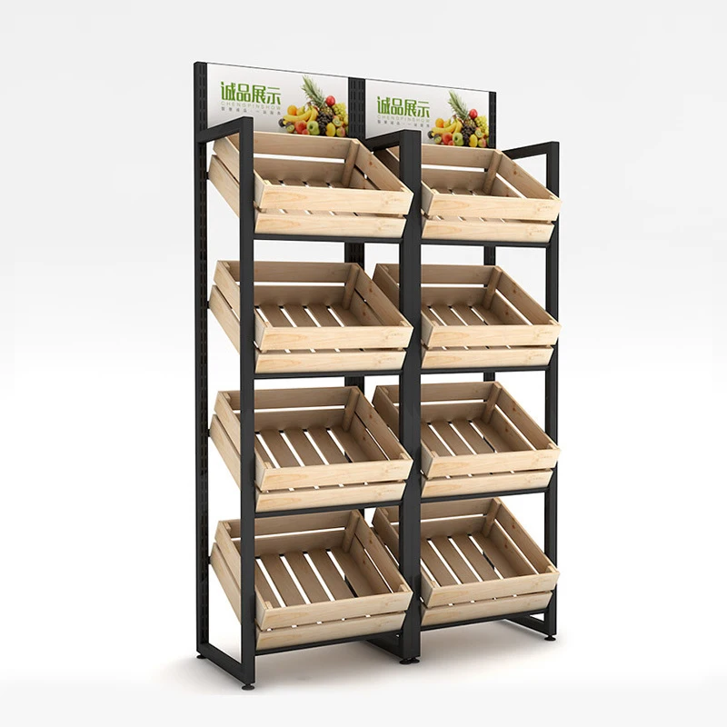 Shelves Supermarket Store Fruits and Vegetable Display Super Market Wooden Fruit Vegetable Display Rack Case Duty Wood Heavy
