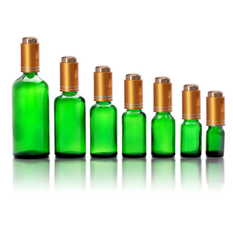30ml 10ml 100ml green perfume essential oil frosted serum golden push button dropper bottle top gradation with pusher down cap