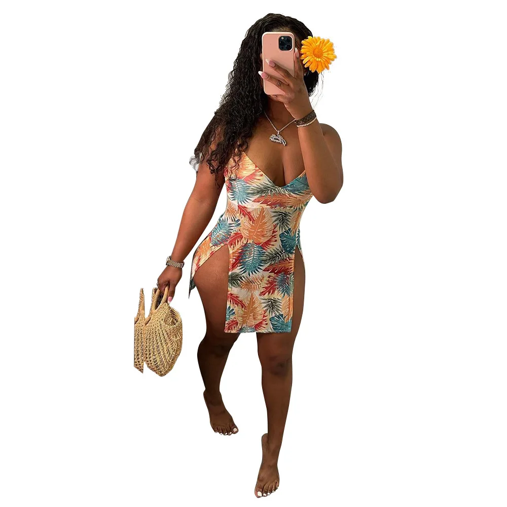 
 GQ8055 Новое поступление женские летние Сплит пальмовых листьев Платье с v-образным вырезом, сексуальное платье  