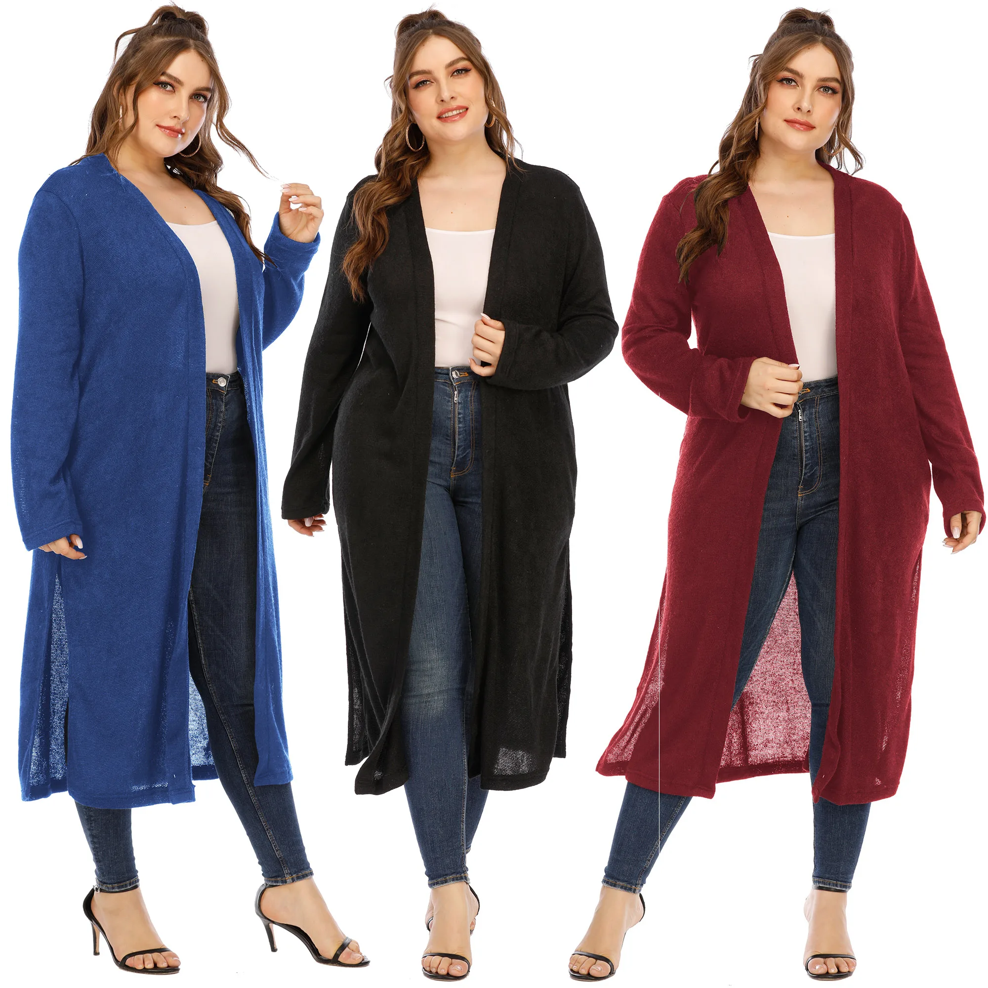 Custom Plus Size Women Clothing Long Sleeve Open Front Midi Cardigan Sweater Coat with Slit
