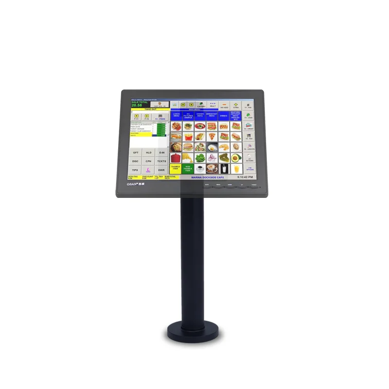 A Pole Cash Register stand with height adjustment dual single monitor desktop VESA standard 75x75mm mounts for retail