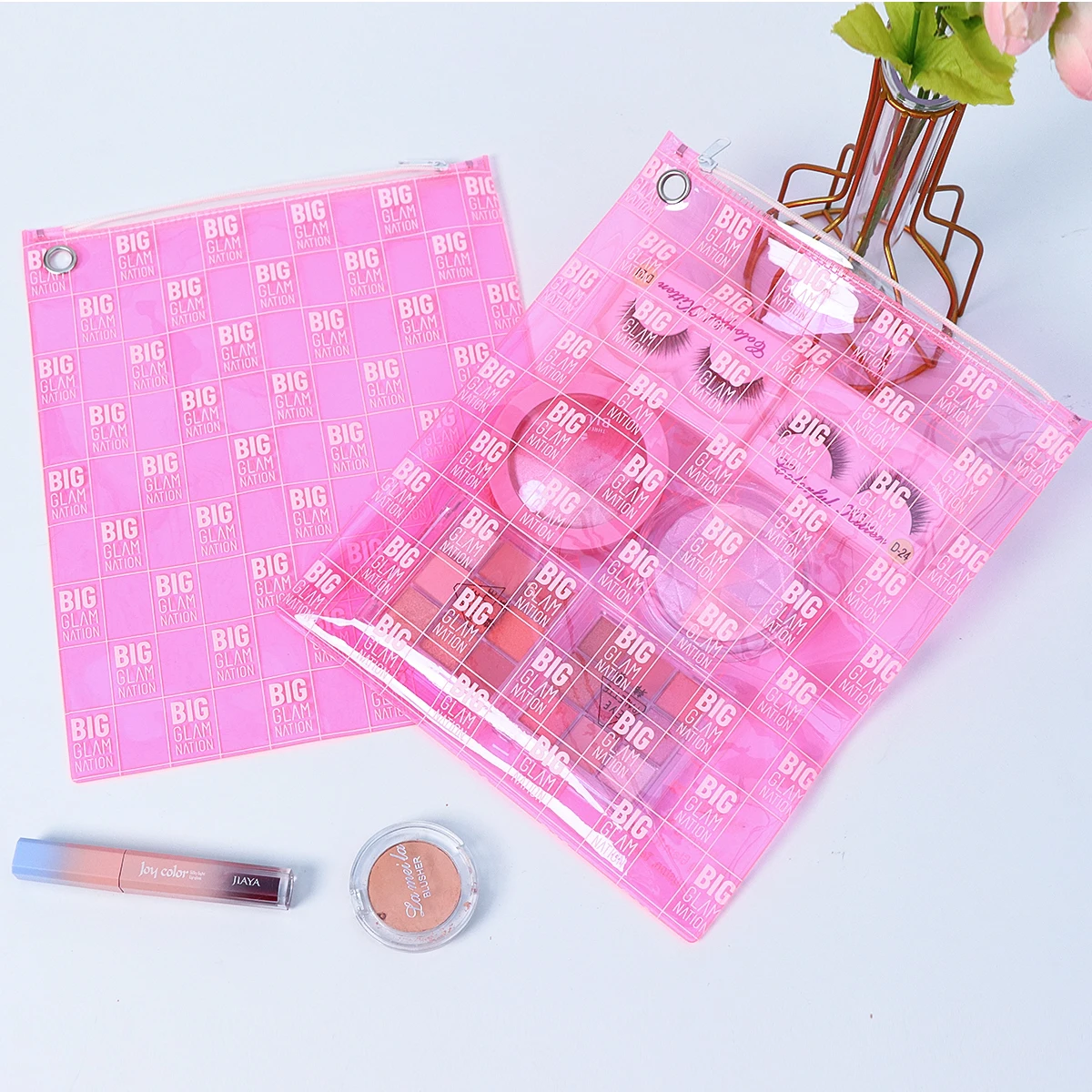 Wholesale Custom Logo Pink PVC Clear Zip Lock Pouches Flat Zipper Bag For Cosmetic/ Hair