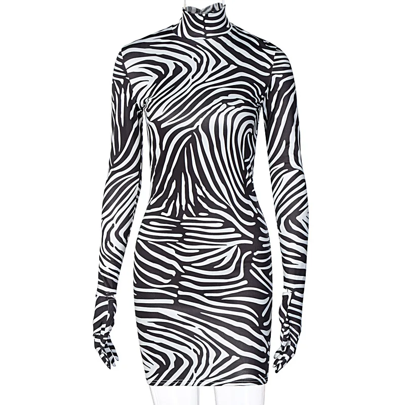 
J Hot sell china factory supply printing zabra women fashion dresses new design stand collar bodycon tight zebra fall 