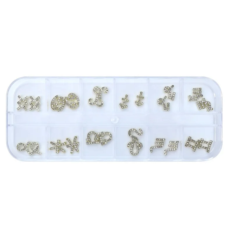 New Diamond Nail Charms Numeric Letter DIY Metal Inlaid Rhinestone Nail Decoration 12 Constellation Nail Charms