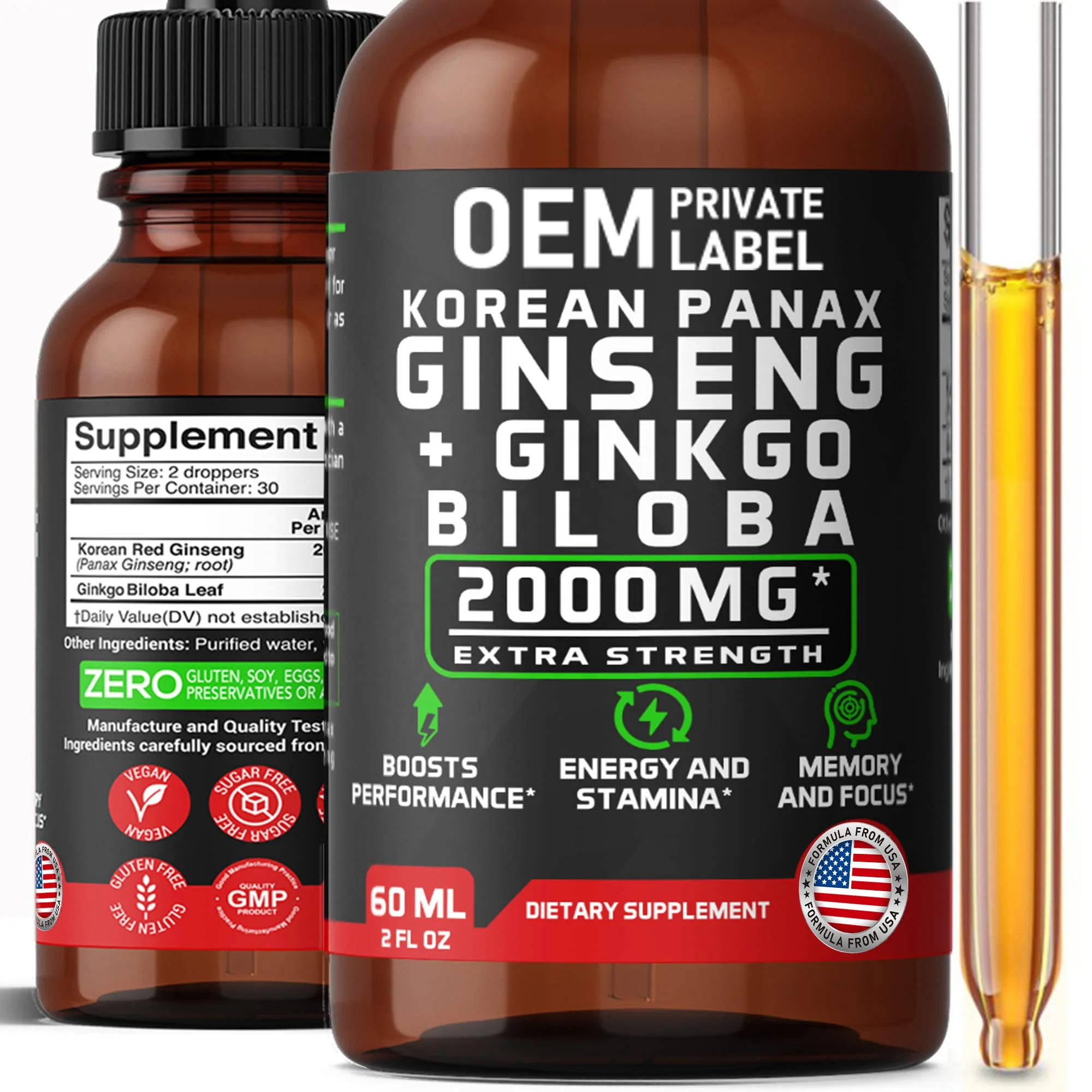OEM Vegan Korean Red Panax Ginseng+Ginkgo Biloba Root Extract Liquid Drops Strength for Men & Women Energy, Performance & Focus